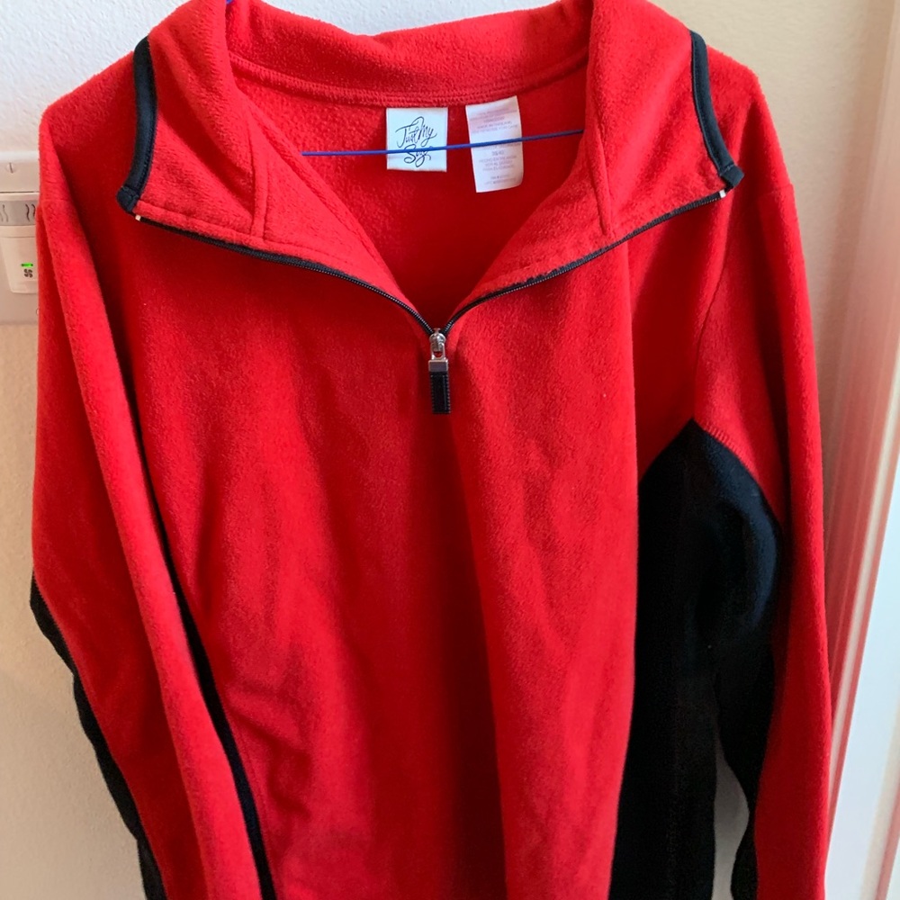 red and black quarter zip up sweater